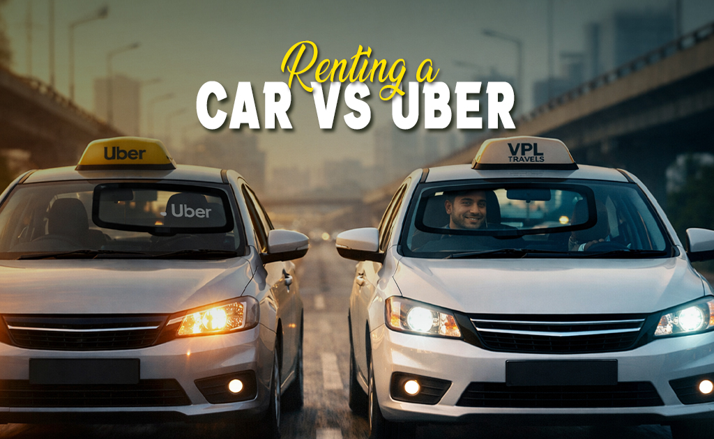 Renting a car vs Uber comparison showing two cars side by side for travel choice in Chennai